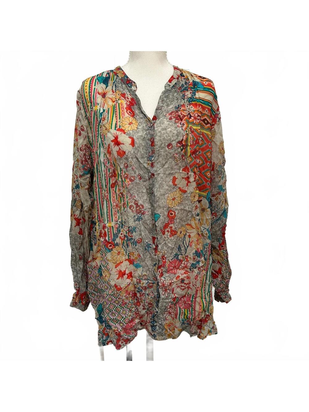 Johnny Was Ludi Blair Tunic Geometric Floral Mix Print Long Sleeve Top Women's L